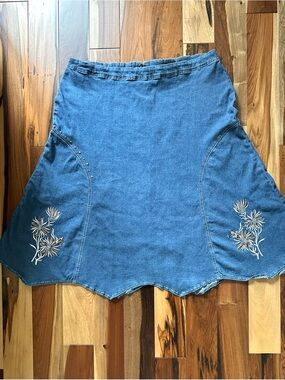 Blue Denim Floral Embroidered A-Line Skirt size 18
